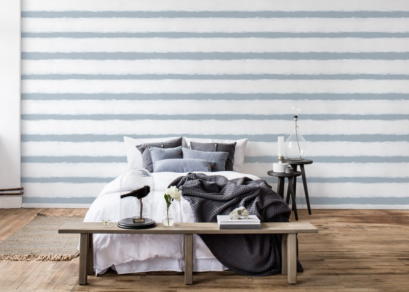 cool blue stripes wallpaper in bedroom