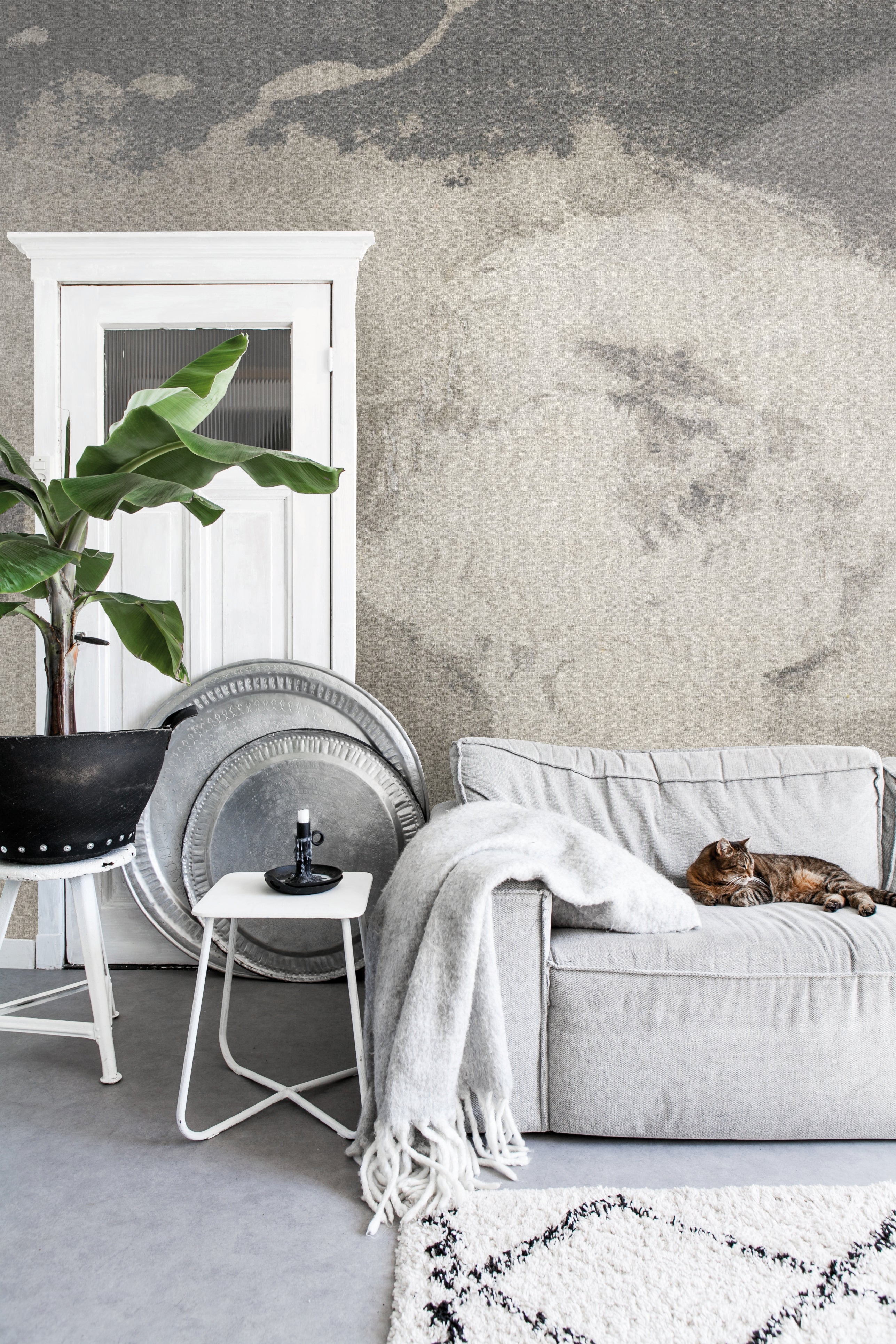 Chelie Brushstrokes Concrete Wallpaper in Living Room