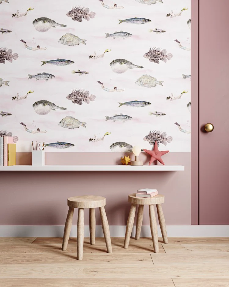 Classic Fish, Pattern Wallpaper in pink in Kid's bedroom