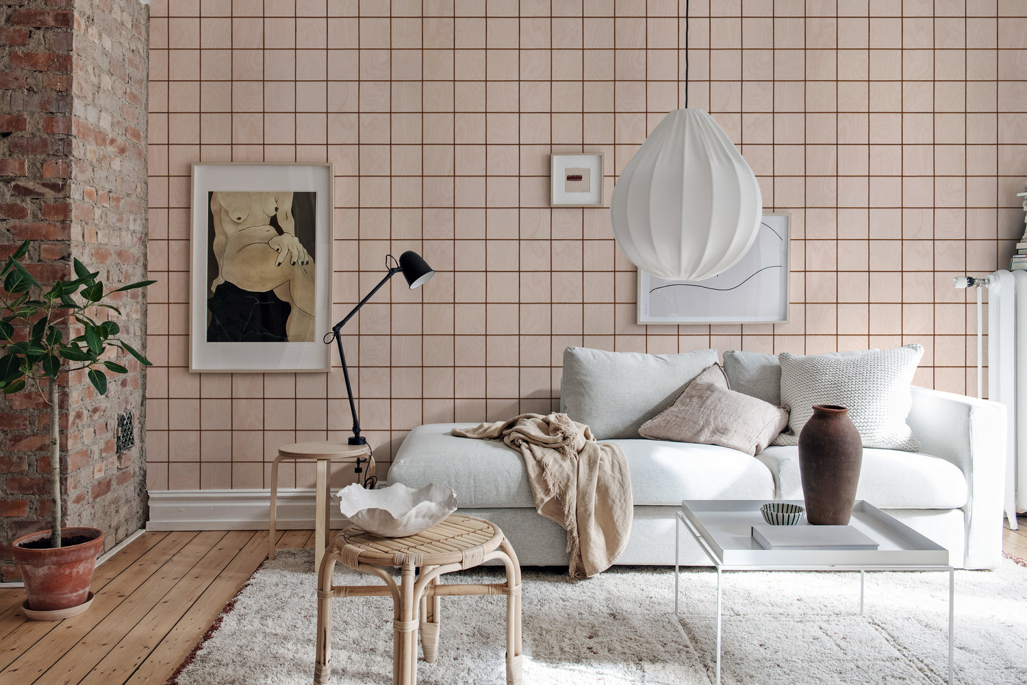 Square Tiles, Pattern Wallpaper in White in living room