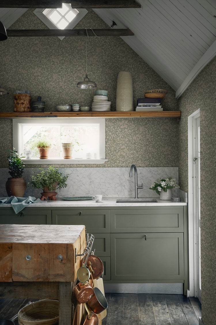 clematis and honeysuckle Linnea, Floral Pattern Wallpaper for kitchen