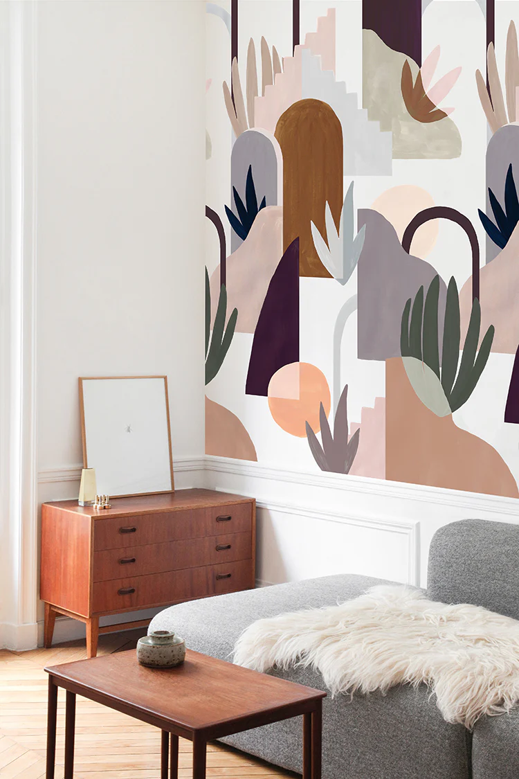 Colourful geometric shapes wallpaper design applied to a corner space 