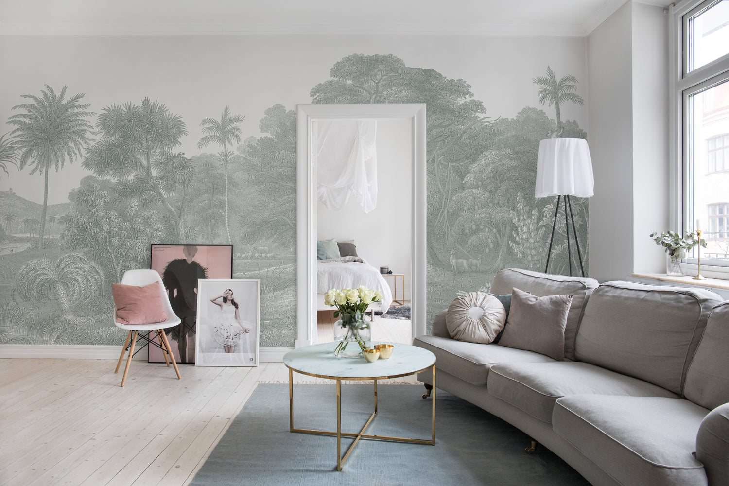 Jungle Land, Mural Wallpaper in light grey colorway in a bedroom.