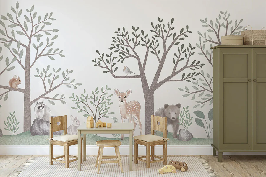A walk in the wild woods wallpaper in a kid's playroom