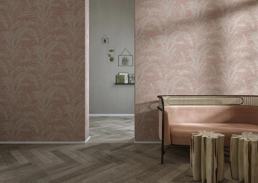 warm colour nature botanical wallpaper in living room