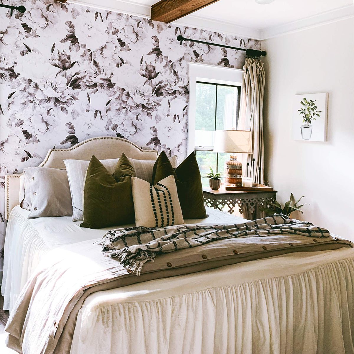 Delicate Grey Peonies, Floral Pattern Wallpaper in bedroom with bed and side table