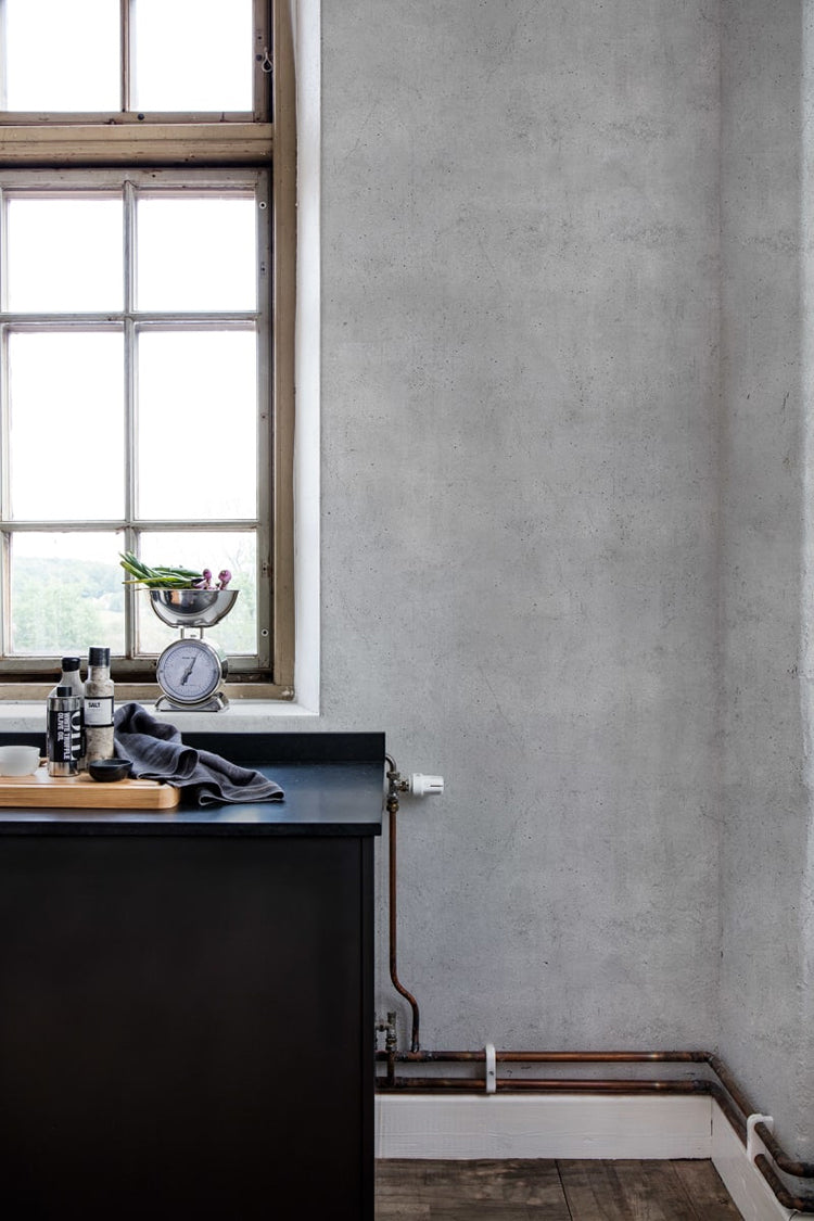 white concrete grey wallpaper in kitchen