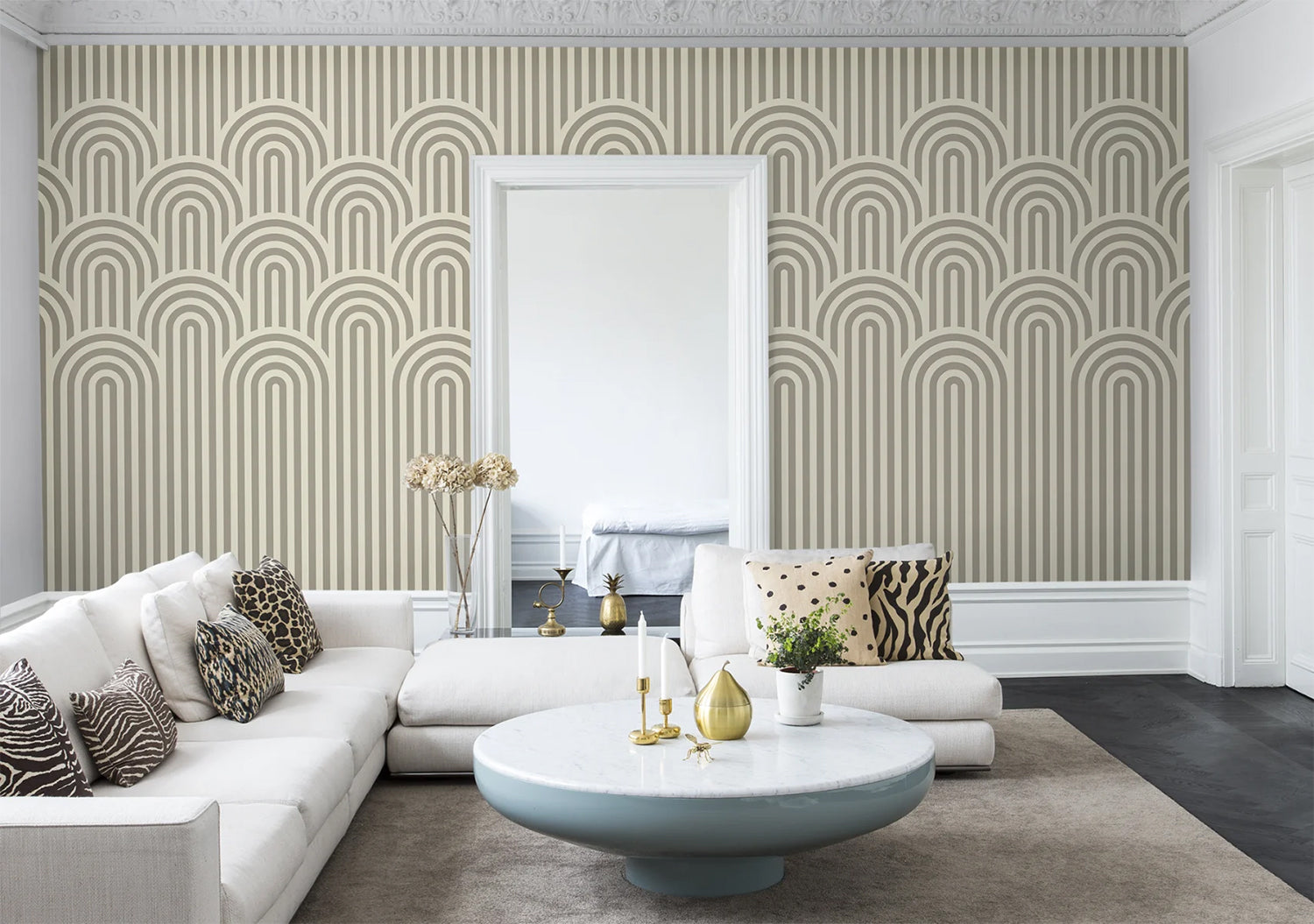 Bedroom with arch hill wallpaper in grey