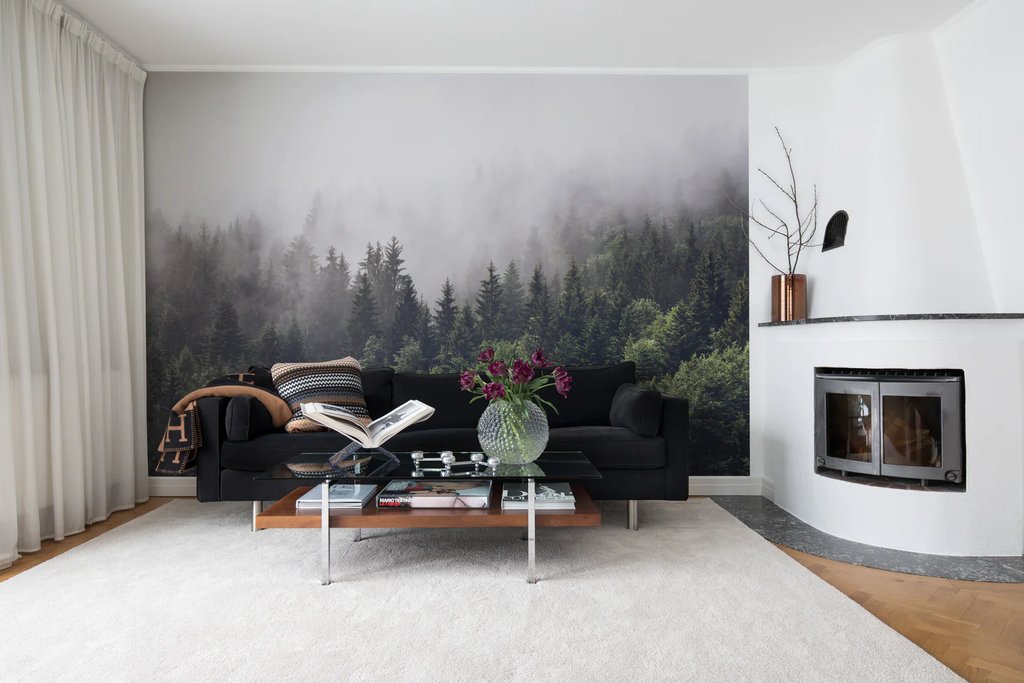 Misty Fir Woods, Landscape Accent Wallpaper in living room