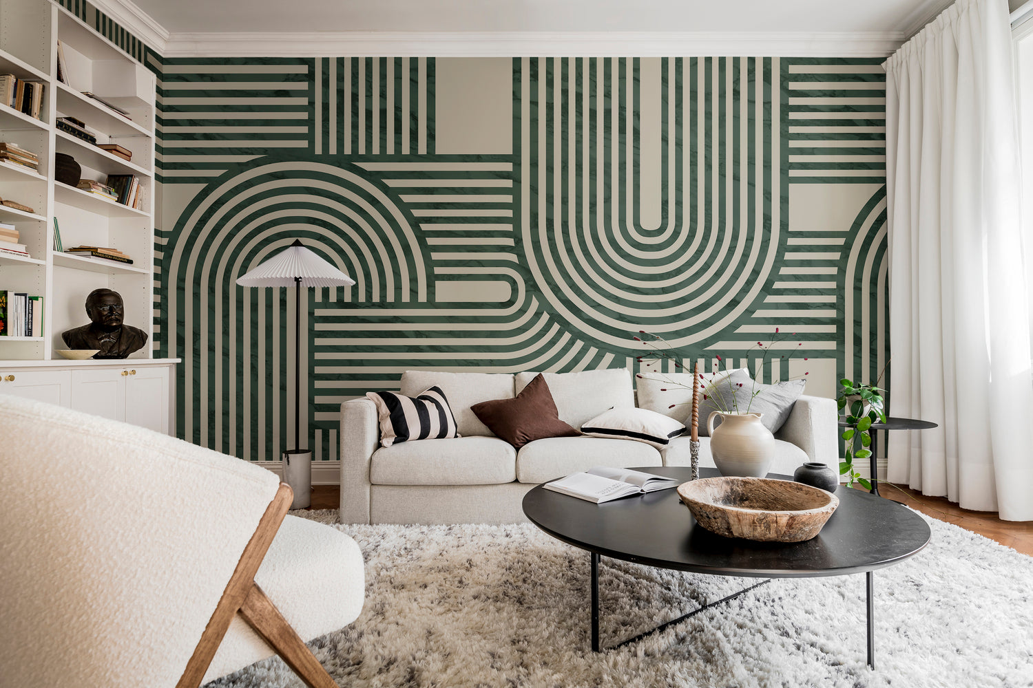 geometric wallpaper in living room