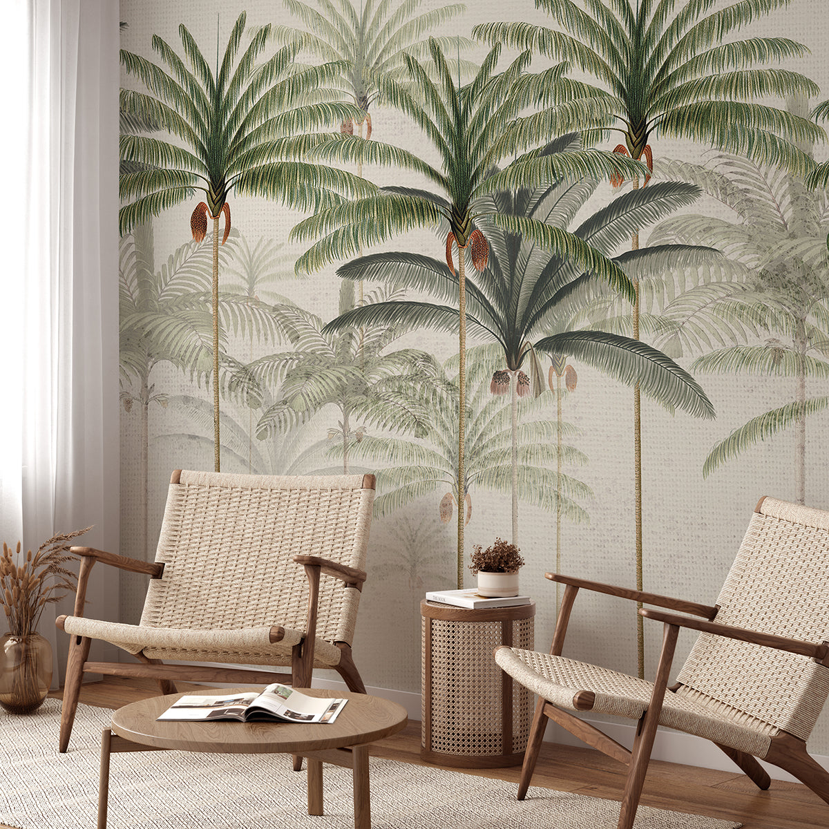 Rainforest Vintage, Mural Wallpaper in living room with green sofa and rattan furniture