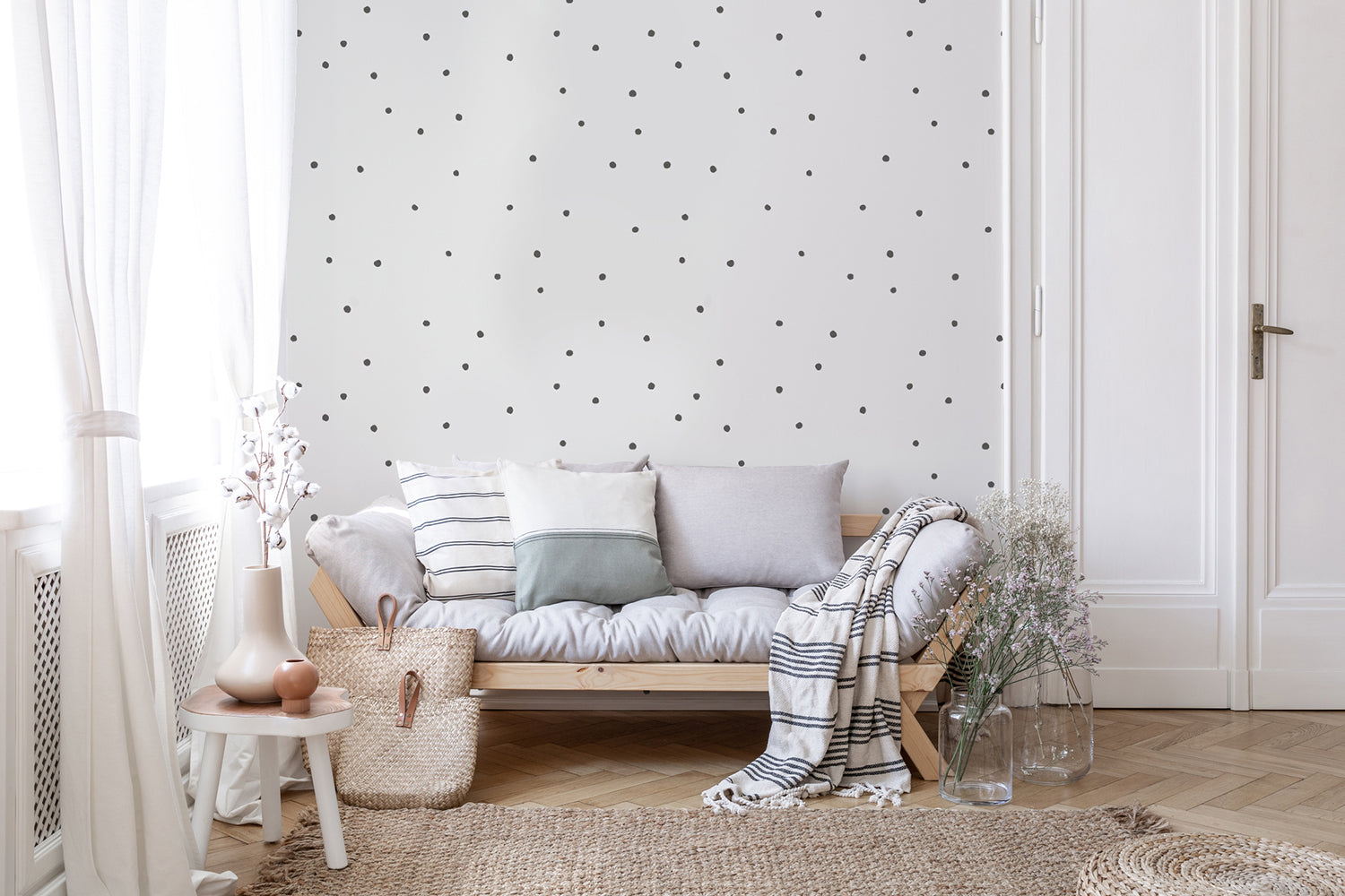 Polka Delicate Dots, Wallpaper in black/white featured on a wall that is beautifully decorated