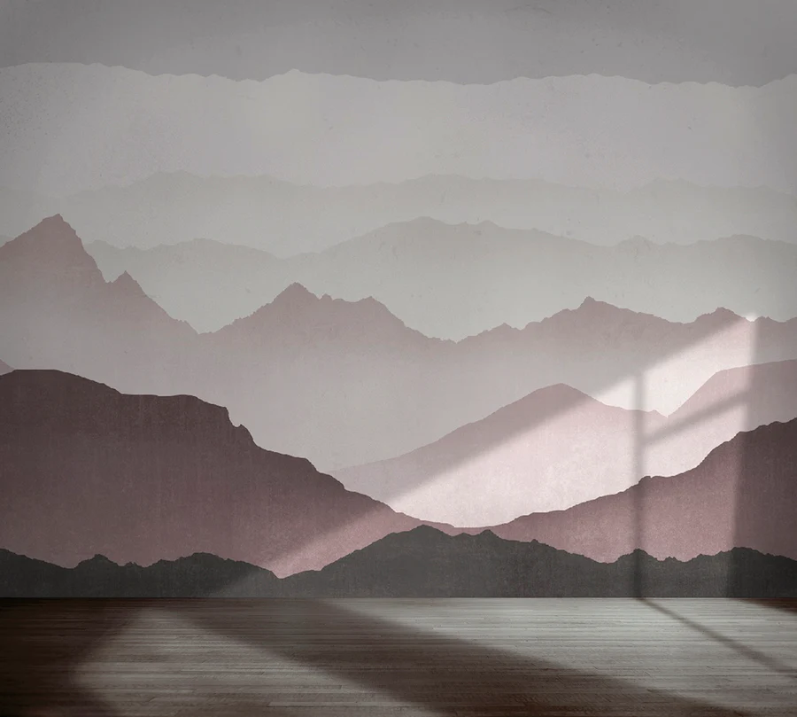 The wall of an empty room with wood flooring is adorned with Red Landscape, Mural Wallpaper