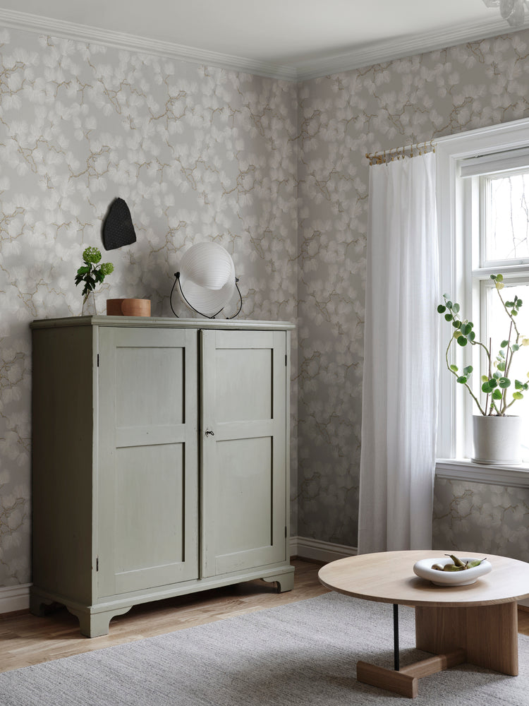 Pine, Pattern Floral Wallpaper in dining room with white cabinet